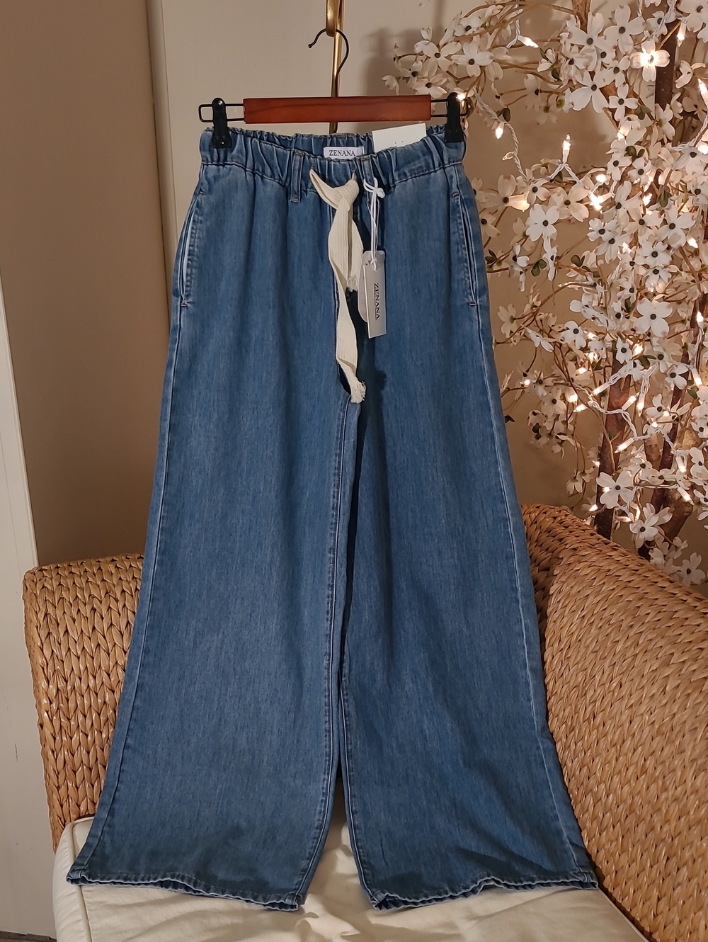 ZENANA Wide Leg Lightweight Denim Pants with Drawstring Waist